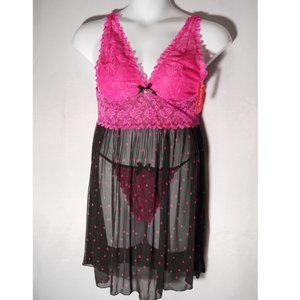 Pucker Up Ladies Babydoll Chemise Thong 2-Piece Set Pink Plus Size 1X